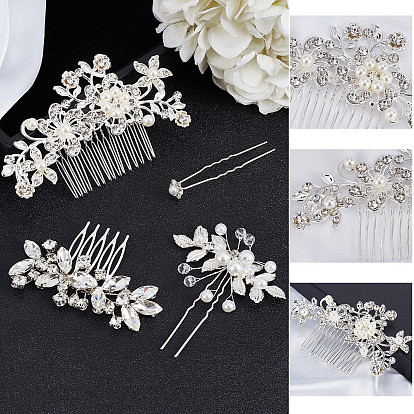 CRASPIRE 8Pcs Zinc Alloy Wedding Bridal Hair Forks, Wedding Bridal Iron Hair Combs, with Rhinestones and Brass Finding, Hair Accessories for Women, Flower & Leaf