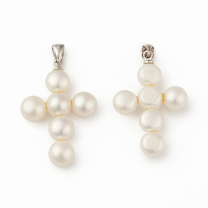 Natural Pearl Pendants, with Platinum Plated Brass Findings, Cross Charm
