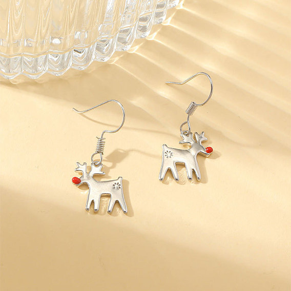 Christmas Brass Enamel Pendant Dangle Earrings for Women, Deer