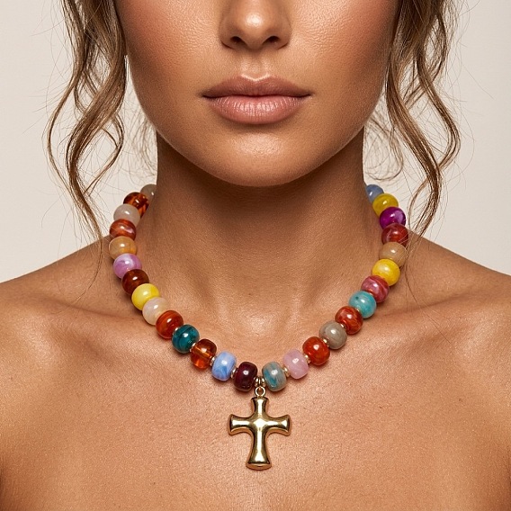 304 Stainless Steel Religion Cross Pendant Rhondelle Beaded Necklaces for Women, Golden