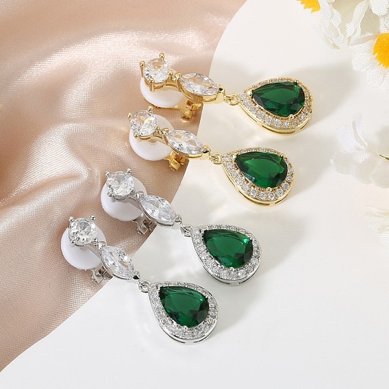 Серьги-гвоздики с подвесками из латуни с паве из кубических цирконий, конский глаз со слезами