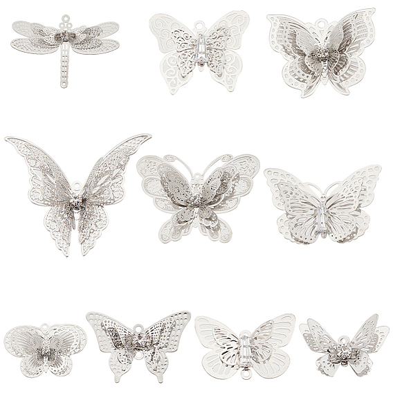 20шт. 10 стиль латунные филигранные подвески и филигранные соединительные звенья наборы, с кристально горный хрусталь, 3 d бабочка