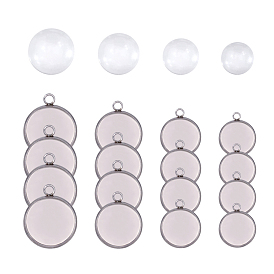 Unicraftale DIY Pendant Making Kits, with 304 Stainless Steel Pendant Cabochon Settings, Transparent Glass Cabochons and Bead Container, Flat Round