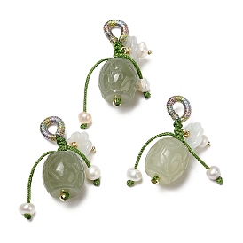 Natural Hetian Jade Pendants, Barrel Charms with Natural Jadeite and Pearl and Brass Beads