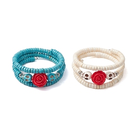 Resin and Synthetic Turquoise Wrap Bracelets Sets, Halloween Bracelets, Skull & Flower