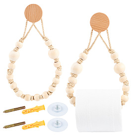 Wooden Beaded Wall-mounted Tissue Roll Holder, with Jute Cords and Wooden Handle