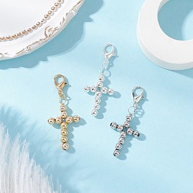 3Pcs 3 Colors Brass Religion Cross Beaded Pendant Decorations, with Zinc Alloy Lobster Claw Clasps