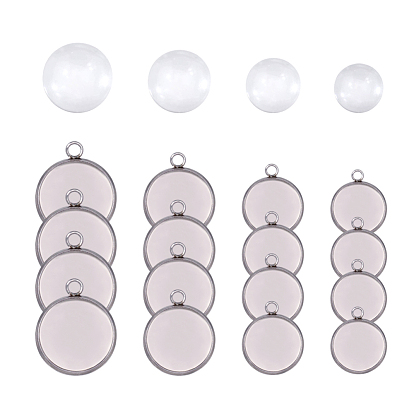 DIY Pendant Making Kits, with 304 Stainless Steel Pendant Cabochon Settings, Transparent Glass Cabochons and Bead Container, Flat Round