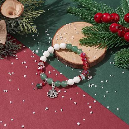 Natural Lava Rock(Dyed) & Green Aventurine Stretch Bracelet, Alloy Tree & Glass Charm Christmas Bracelet for Women