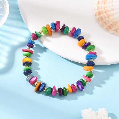 Dyed Natural Freshwater Shell Chip & Brass Beades Stretch Bracelets, Golden