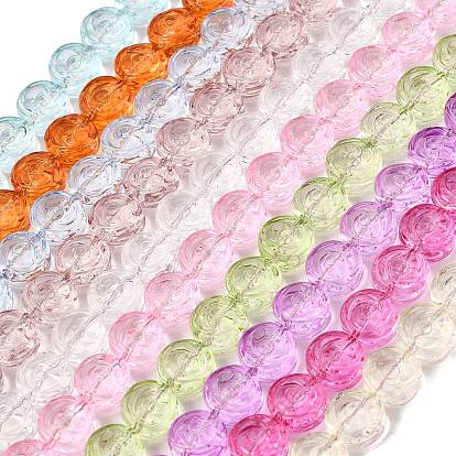 Baking Paint Transparent Glass Beads Strands, Flat Round with Rose Flower