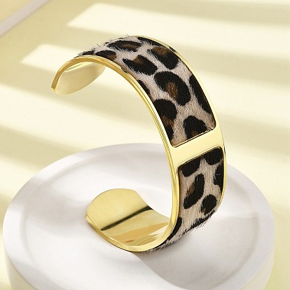 304 женские браслеты с открытыми манжетами из нержавеющей стали, с леопардовым принтом искусственная кожа мех, ионное покрытие (ip)