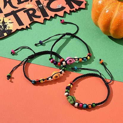 Synthetic Turquoise Skull & Wood Disc Braided Bead Bracelet for Halloween