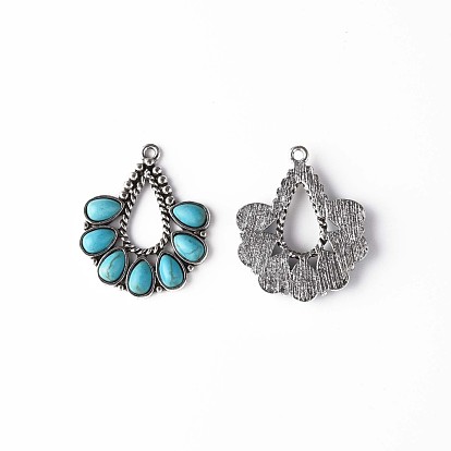 Synthetic Turquoise Pendants, with Aolly Findings, Cadmium Free & Nickel Free & Lead Free, Antique Silver, Fan
