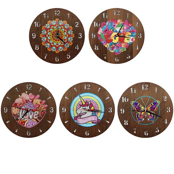 DIY Clock Diamond Painting Kits, Including Round Wood Plate, Resin Rhinestones, Diamond Sticky Pen, Tray Plate and Glue Clay, Flower/Heart/Cake/Unicorn/Butterfly Pattern