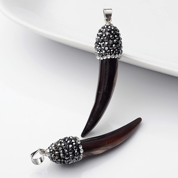 Подвески из раковины, форма клыка, с платиновым покрытием выводов из латуни и полимерной глины горный хрусталь, 39~43x9~10 мм, отверстие : 4x4 мм