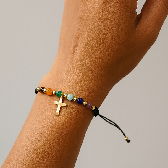 Браслеты из плетеных бусин с натуральным аметистом, цитрином, красной яшмой, зеленым авантюрином, лазуритом и синтетической бирюзой, символизирующие чакры., регулируемые браслеты с крестами из латуни