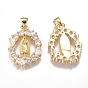 Brass Micro Pave Cubic Zirconia Pendants, Long-Lasting Plated, Oval with Virgin Mary