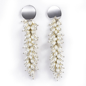 304 Stainless Steel Dangle Ear Studs, with Glass Imitation Pearl Barrel Beads, Brass and Iron Findings
