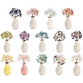 Natural Gemstone Chips Money Tree Decorations, Porcelain Vase Base with Copper Wire Feng Shui Energy Stone Gift for Home Office Desktop Decoration