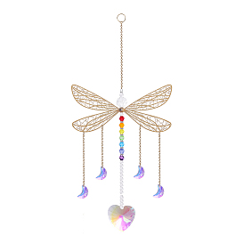 Glass Heart/Moon Pendant Decoration, Hanging Suncatchers, with Iron Dragonfly Link for Home Garden Decoration