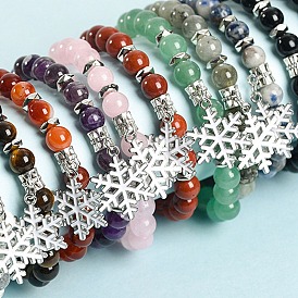 Christmas Theme Natural Gemstone Stretch Bracelets, Alloy Enamel Snowflake Charm Bracelets for Women