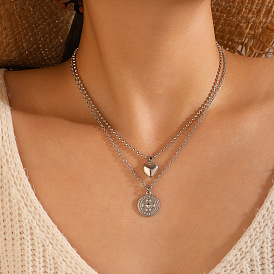 Geometric Heart Double Layer Necklace with Fashionable Sweater Chain Design