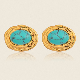 Серьги-гвоздики овальной формы из нержавеющей стали с синтетической бирюзой