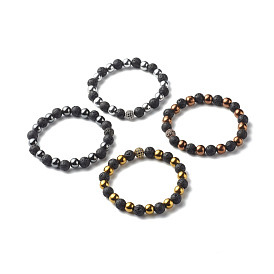 Energy Power Natural Lava Rock & Non-magnetic Synthetic Hematite Beads Stretch Bracelet, Oil Diffuser Bracelet with Brass Cubic Zirconia Beads  for Girl Women