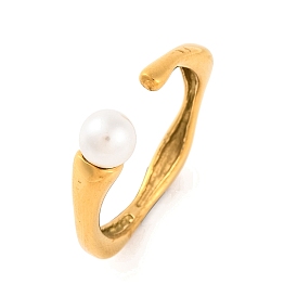 Ion Plating(IP) 304 Stainless Steel Cuff Finger Rings for Women, with Round Plastic Imitation Pearl