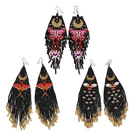 Bohemia Woven Glass Seed Bead Dangle Earrings, Tassel Chandelier Iron Earrings for Women, Butterfly