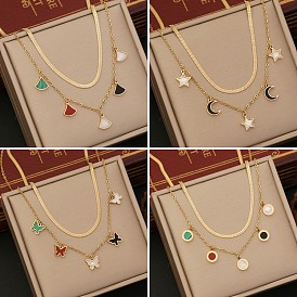 Double-layer Butterfly Necklace with Star and Moon Lock Collar Chain - Stainless Steel Jewelry N1076