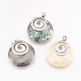 Shell Pendants, with Platinum Tone Brass Findings, Flat Round