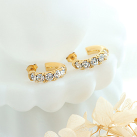 Geometric C-shaped Zircon Inlaid Earrings, Anti-fading Titanium Steel Ear Jewelry for Autumn and Winter Fashion