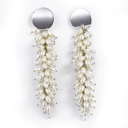 304 Stainless Steel Dangle Ear Studs, with Glass Imitation Pearl Barrel Beads, Brass and Iron Findings