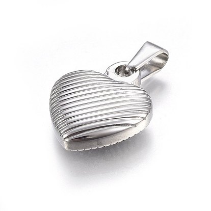 304 Stainless Steel Pendants, Puffed Heart with Stripe Pattern