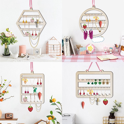 Hexagon/Flat Round/Rectangle Wood Wall Mounted Display Rack, for Necklaces, Earrings, Keychains