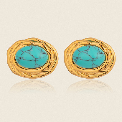 Серьги-гвоздики овальной формы из нержавеющей стали с синтетической бирюзой