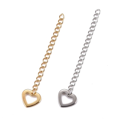 304 Stainless Steel Chain Extender, Curb Chain, with 202 Stainless Steel Charms, Hollow Heart