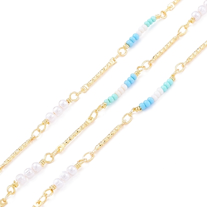 Handmade Brass Bar Link Chains, with Imitation Pearl & Seed Glass Beads, Long-Lasting Plated, Soldered, with Spool, Golden