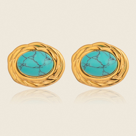 Серьги-гвоздики овальной формы из нержавеющей стали с синтетической бирюзой