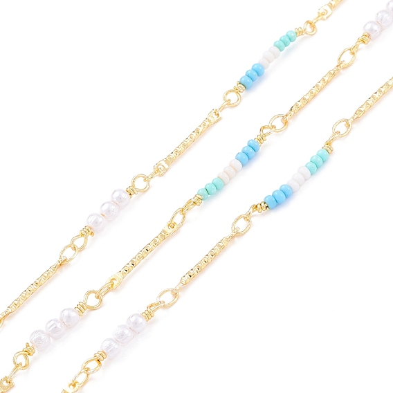 Handmade Brass Bar Link Chains, with Imitation Pearl & Seed Glass Beads, Long-Lasting Plated, Soldered, with Spool, Golden