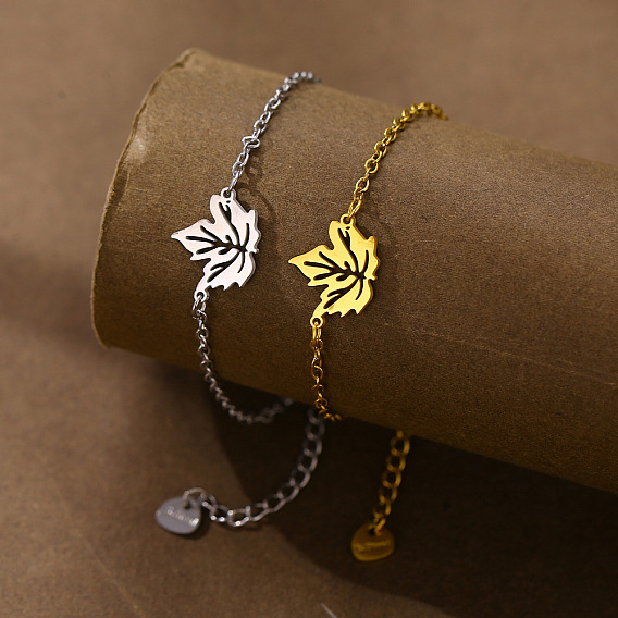 304 Stainless Steel Maple Leaf Link Bracelets, Cable Chain Bracelets for Women