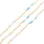 Handmade Brass Bar Link Chains, with Imitation Pearl & Seed Glass Beads, Long-Lasting Plated, Soldered, with Spool, Golden