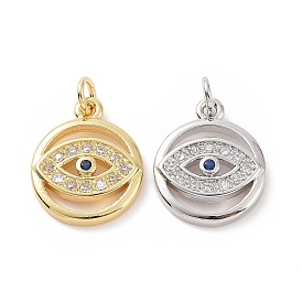 Brass Micro Pave Cubic Zirconia Pendants, with Jump Ring, Flat Round with Evil Eye Charm