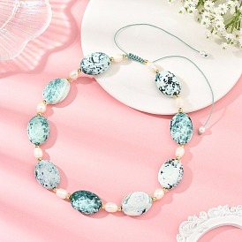 Collares ajustables de cuentas ovaladas y perlas trenzadas de ágata natural con efecto craquelado (teñida y calentada).