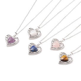 Heart Natural Mixed Stone Pendant Necklaces, 304 Stainless Steel Necklaces for Women