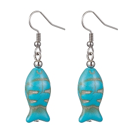 Boucles d'oreilles pendantes turquoise synthétique poisson, 304 boucle d'oreille en acier inoxydable pour femme