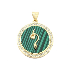 Brass Micro Pave Clear Cubic Zirconia Pendants, Cadmium Free & Lead Free, with Synthetic Malachite, Flat Round with Snake Charms