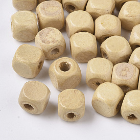 Perles de bois naturel non teintes, cube, sans plomb